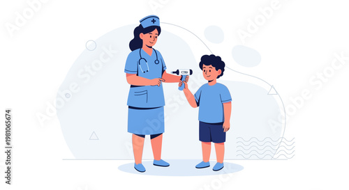 Nurse taking child's temperature with infrared thermometer at clinic or hospital