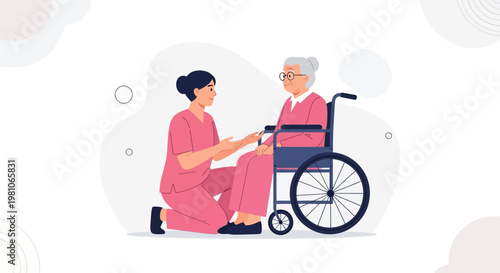 Nurse caring for elderly woman in wheelchair, healthcare, support, compassion