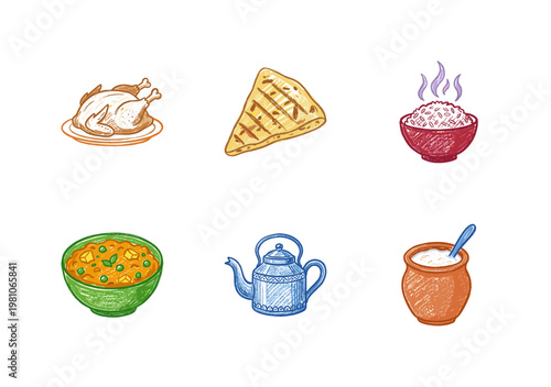 Indian Cuisine and Traditional Food Elements with Saturated Crayon Pencil Texture and Crayon Colorful Aesthetic