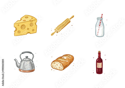 Kitchen Utensils and Dairy Food Essentials with Fluid Crayon Pencil Texture and Crayon Colorful Style