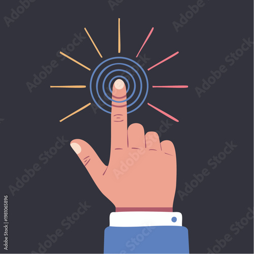 Hand pressing a button with colorful rays