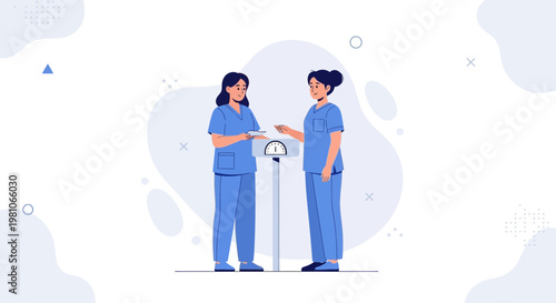 Nurses Weighing Patient on Scale - Medical Health Care Concept