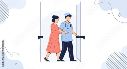 Nurse helping patient walk with handrails, rehabilitation, medical care, recovery