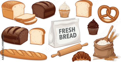 Bakery bread vector set with loaves baguette pretzel cupcake croissant flour bag and baking illustration