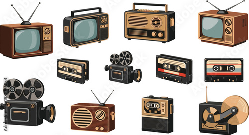 Vintage electronic devices set with retro televisions, radios, projectors and cassette tapes for nostalgic vector design projects
