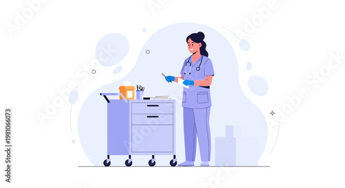 Nurse with Medical Cart and Syringe - Healthcare Illustration