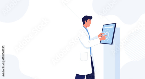 Doctor Interacting with Futuristic Medical Touchscreen Interface