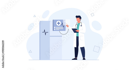 Doctor interacting with medical data on a futuristic screen, healthcare technology concept