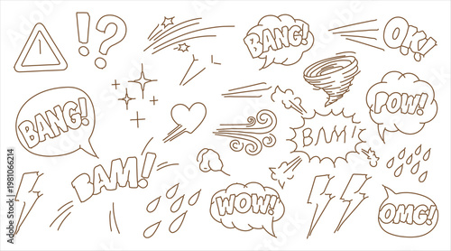 Hand drawn comic book action and impact sound effects with various expressions