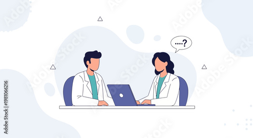 Two doctors discussing medical case on laptop, questioning and collaborating