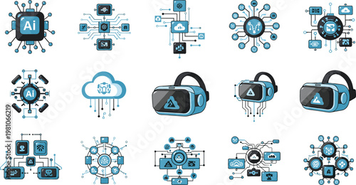 Artificial intelligence and technology icons with AI chips, cloud computing and virtual reality headsets for futuristic vector projects