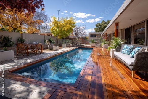 Modern backyard with pool, deck, lounge, and autumn trees on a sunny day. Perfect for illustrating outdoor living, home design, or seasonal changes.
