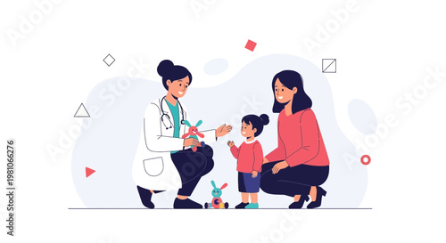 Doctor with stethoscope plays with child and mother, pediatric examination, toys