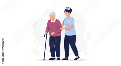 Nurse helping elderly woman with walking cane, healthcare and support concept