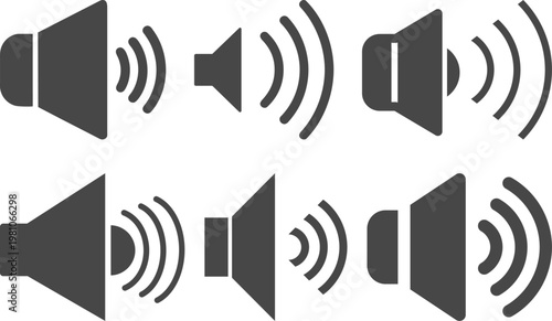 Bild auf Leinwand Speaker and sound icon set including volume up, down, mute and audio wave symbols in red, yellow and gray styles isolated on white background, ideal for media and UI design