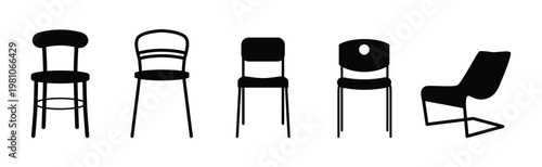 Black silhouettes of various chairs and furniture. Chair silhouettes furniture set with armchairs and wooden chairs isolated for interior design home decor and seating, vector illustration.
