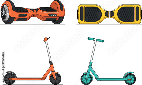 Electric Scooter and Hoverboard Icon Set with Modern Personal Transport Devices for Urban Mobility and Smart City Designs