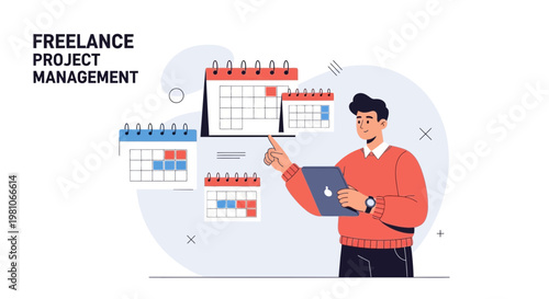 Freelance Project Management: Man with Tablet and Calendars, Planning Tasks
