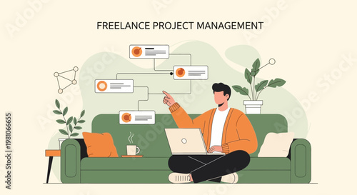 Freelance Project Management: Man working on laptop at home, planning tasks