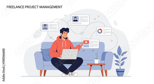 Freelance Project Management: Man working on laptop on couch, remote work concept