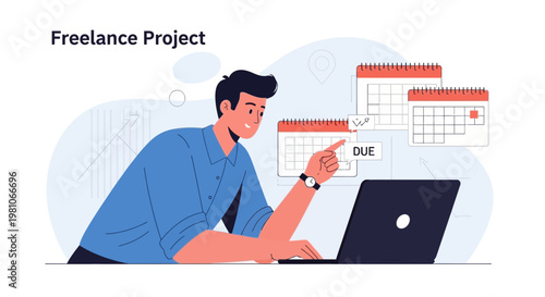Freelance Project Management: Man working on laptop with calendars showing due dates