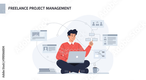 Freelance Project Management: Man Working on Laptop with Project Flowchart