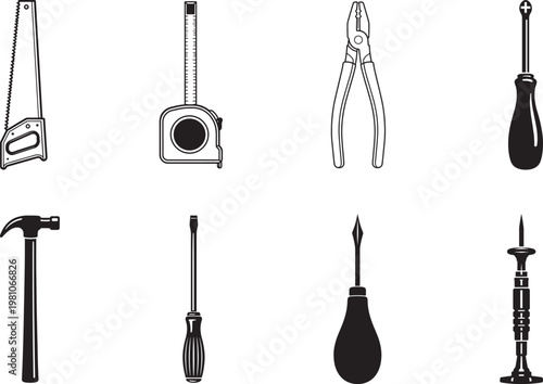 Construction Tool SVG Bundle - Set of Eight Black Silhouette Workshop Icons with Saw Tape Measure Pliers Screwdriver Hammer and Awl for Repair Carpentry
