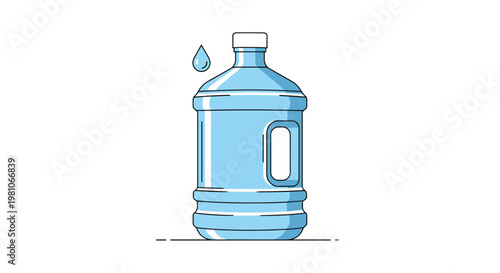 A large blue plastic water cooler jug with a sturdy integrated handle and a single floating droplet stands against a pristine white background.