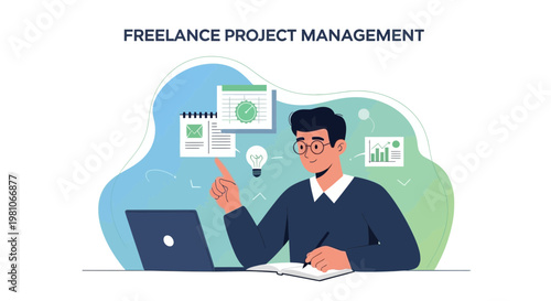 Freelance Project Management: Man working on laptop, planning tasks and goals