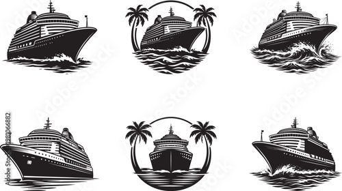 Cruise Ship SVG Bundle - Set of Six Black Silhouette Luxury Cruise Ship Icons with Ocean Waves and Palm Tree for Travel Vacation Nautical Logo