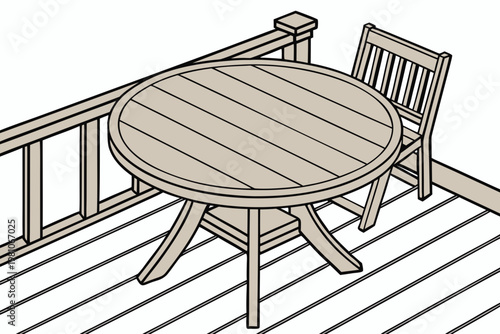 A minimalist line art illustration of a wooden table and chair on a deck with a railing
