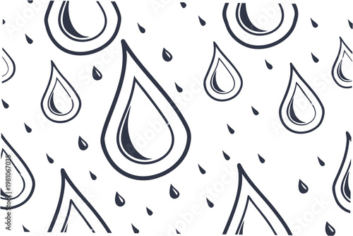 A minimalist vector graphic illustration of raindrops in various sizes on a white background