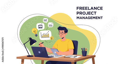 Freelance Project Management: Man Working Remotely with Laptop and Tablet