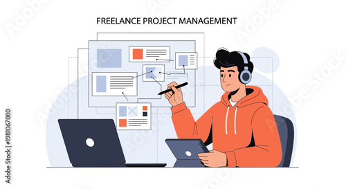 Freelance Project Management: Man working with laptop, tablet, and mind map