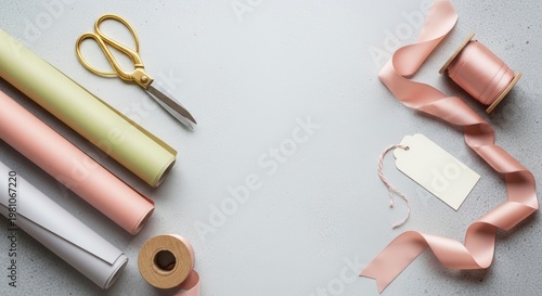 Wrapping paper crafting with ribbons tools.