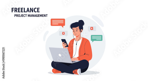 Freelance Project Management: Person working remotely on laptop and phone with chat bubbles