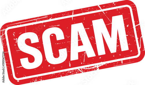 Red scam alert stamp with white letters and distressed texture on clean background Vector Illustration
