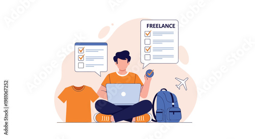 Freelance worker with laptop, checklist, backpack, and t-shirt, symbolizing remote work and travel.