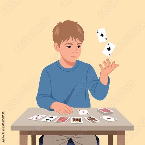 Focused young boy performing card magic tricks with two floating aces on a table