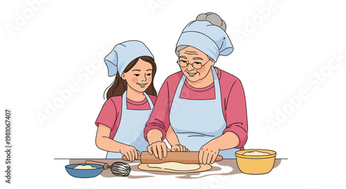 Elderly grandmother and young granddaughter bonding while rolling out dough to bake together in a bright kitchen setting.