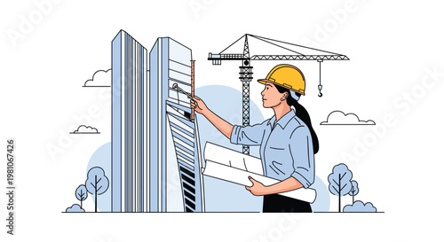 Professional female architect wearing a yellow hard hat inspects a construction site while holding architectural blueprints.