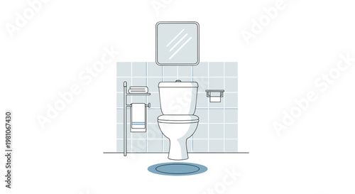 A modern and minimalist bathroom interior displays a white ceramic toilet, a square mirror, and a metal towel rack against a light grey tiled wall.