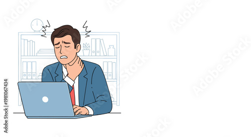 Stressed businessman in a suit sitting at his desk feeling severe neck pain while working on a laptop in a library or office.