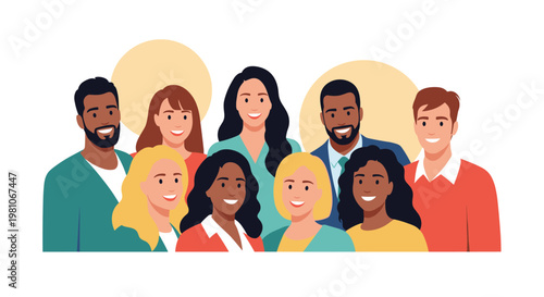 Group of happy and diverse multi-ethnic people standing together in a friendly pose, representing unity and community.