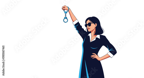 Confident woman in a black dress and sunglasses holding up a pair of handcuffs, representing justice or authority roles.