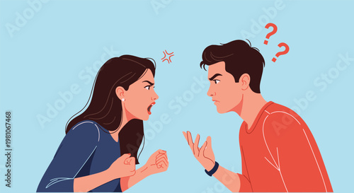 Angry couple facing each other and arguing with frustration and aggressive gestures during a serious relationship conflict.