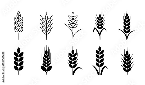 Minimal wheat grain icons with abstract ear shapes modern agriculture symbol vector illustration