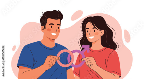 Smiling man and woman holding male and female gender symbols together to show gender equality, partnership, and unity.