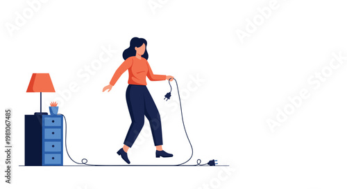 Clumsy person accidentally tripping over a long tangled electrical cord in a dark room near a blue nightstand and lamp.