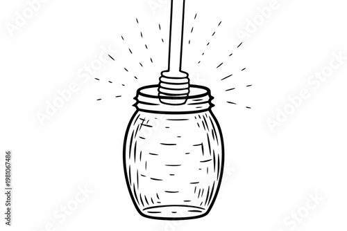 A minimalist line art illustration of a honey dipper in a mason jar with a transparent background